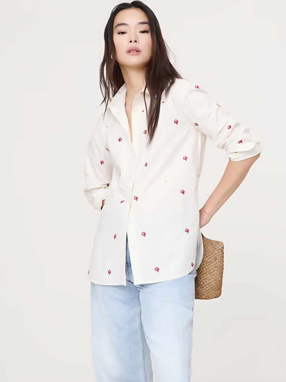 NWT Oversized Cream Embroidered Button-Down Shirt